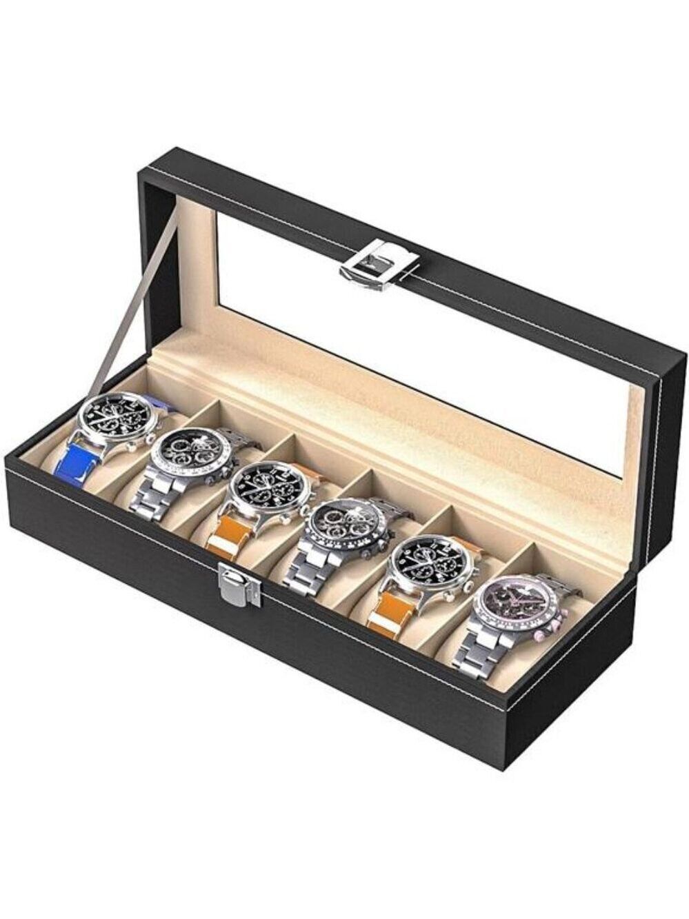 Black Leather Watch Display Box Organizer Case with Glass Lid 6 Slot Storage